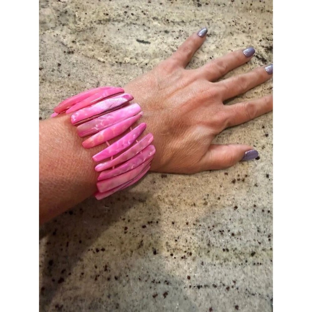 Fuchsia Pink Mother of Pearl Shell Stick Stretch Cuff Bracelet